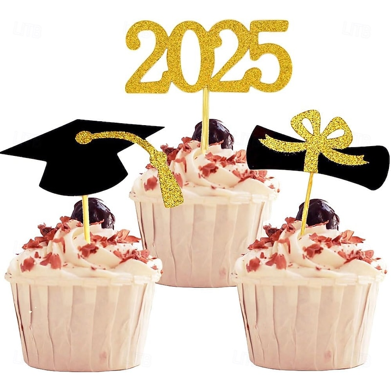 2025 Graduation Cupcake Toppers 48 PCS Food/Appetizer Picks For Graduation Party Mini Cake Decorations Diploma 2025 Grad Cap Set 48 Pieces