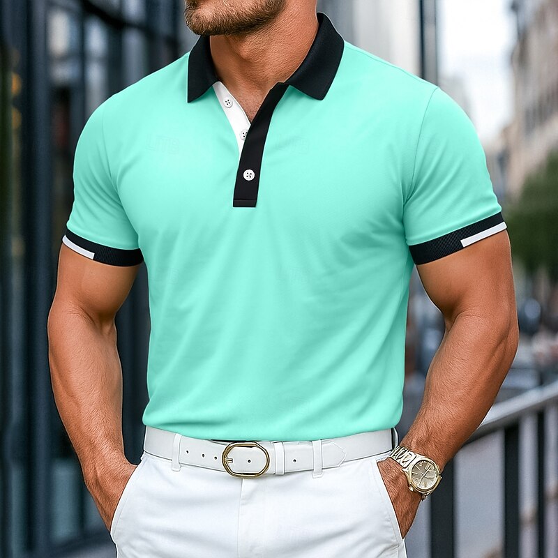 Men's Sports Polo Shirts Golf Shirt Casual Ribbed Polo Collar Short Sleeve Fashion Basic Solid Color Patchwork Color Block Summer Regular Fit Black White Burgundy Green Light Blue Sports Polo Shirts2
