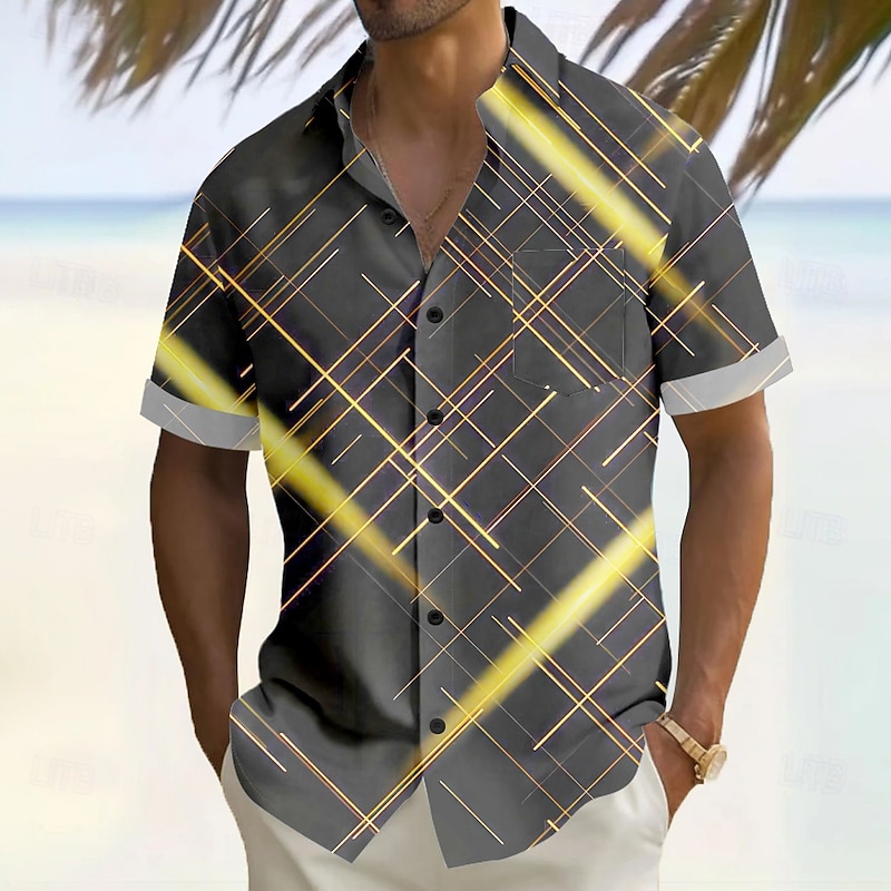 Men's Geometric Striped Shirt Summer Shirt Button Up Shirt Short Sleeve Fashion Casual Vacation Holiday Streetwear Summer Turndown 3D Print Front One Pocket Linen Like Shirt Gray