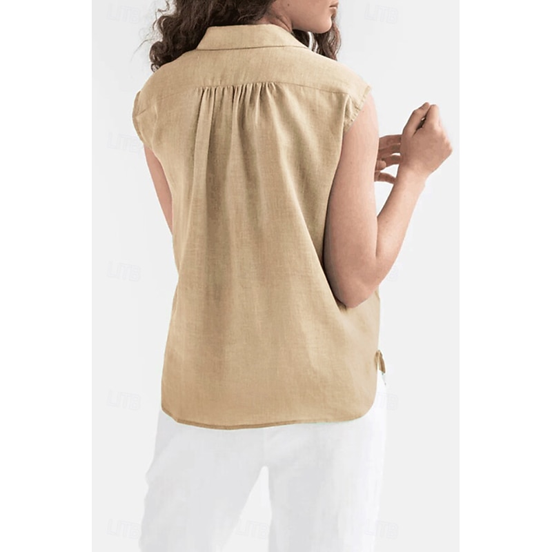 Women's Shirt Cotton Linen Vest Button Up Plain Basic Modern Sleeveless Shirt Collar Regular Tops Daily Going out Buttons Khaki Summer4