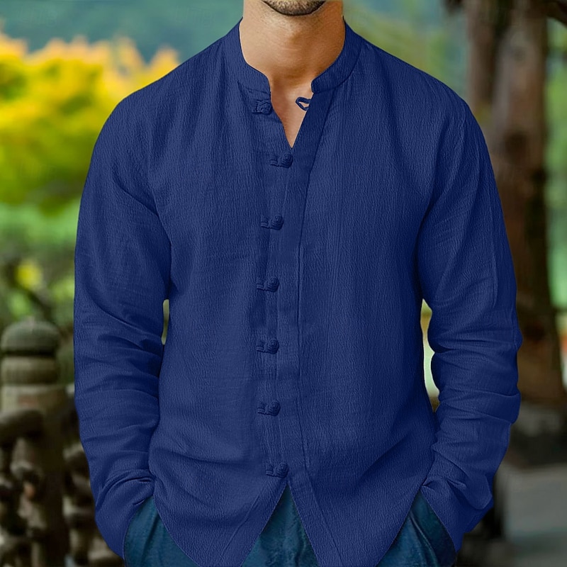 Men's Shirt Linen Shirt Summer Shirt Casual Shirt Beach Shirt Button Up Shirt Plain Vacation Casual Black White Navy Blue Khaki Long Sleeve Band Collar Spring & Summer Clothing Apparel3