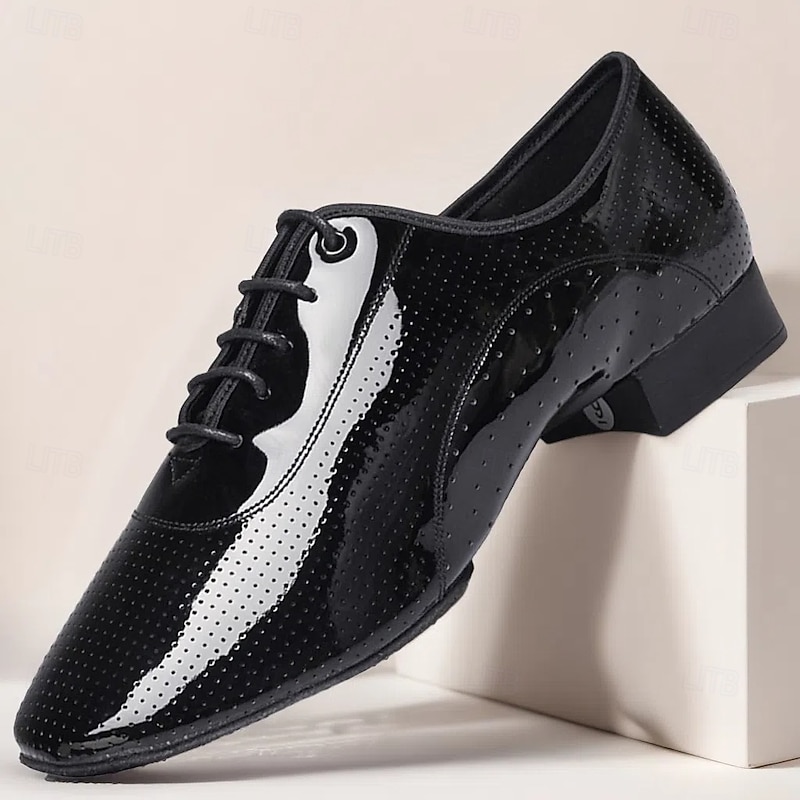 Men's Black and White Patent Leather Dance Shoes – Stylish Lace-Up Oxford Shoes with Perforated Detailing for Ballroom, Latin and Social Dancing