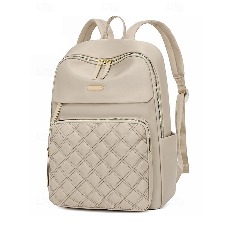 Women's Quilted Nylon Backpack - Stylish Beige Fashion Backpack with Gold Zippers, Multi-compartment Design, Perfect for Daily Use, School or Travel2