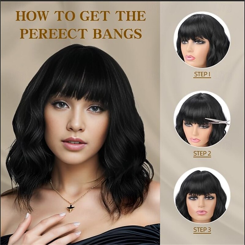 Black Wig with Bangs Short Wavy Wigs for Women Dark Brown Curly Shoulder Length Bob Wig Synthetic fiber Wigs for Daily Party Use4