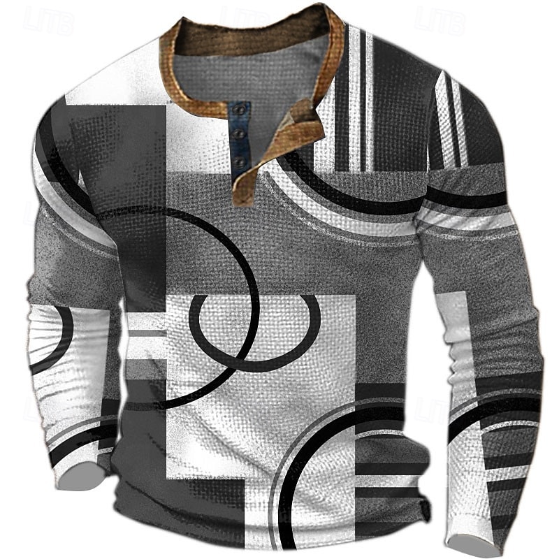 Men's Graphic Color Block Geometic Waffle Henley Shirt Casual Style Classic Style Long Sleeve 3D Print Fashion Designer Basic Outdoor Daily Spring &  Fall Red Blue Brown Gray Henley Henley T-Shirt3