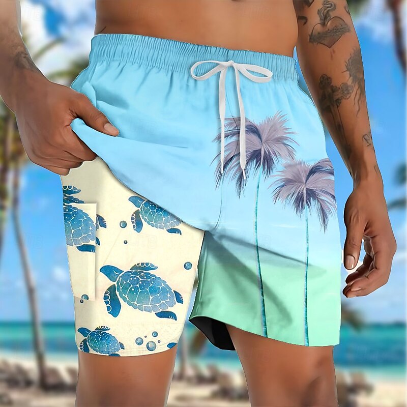 Men's Coconut Tree Turtles Tropical Plants Lined Shorts 2 in 1 Board Shorts Swim Shorts Mid Waist Hawaiian Vacation Side Pockets With Compression Liner Elastic Drawstring Waist Designer Clothing4