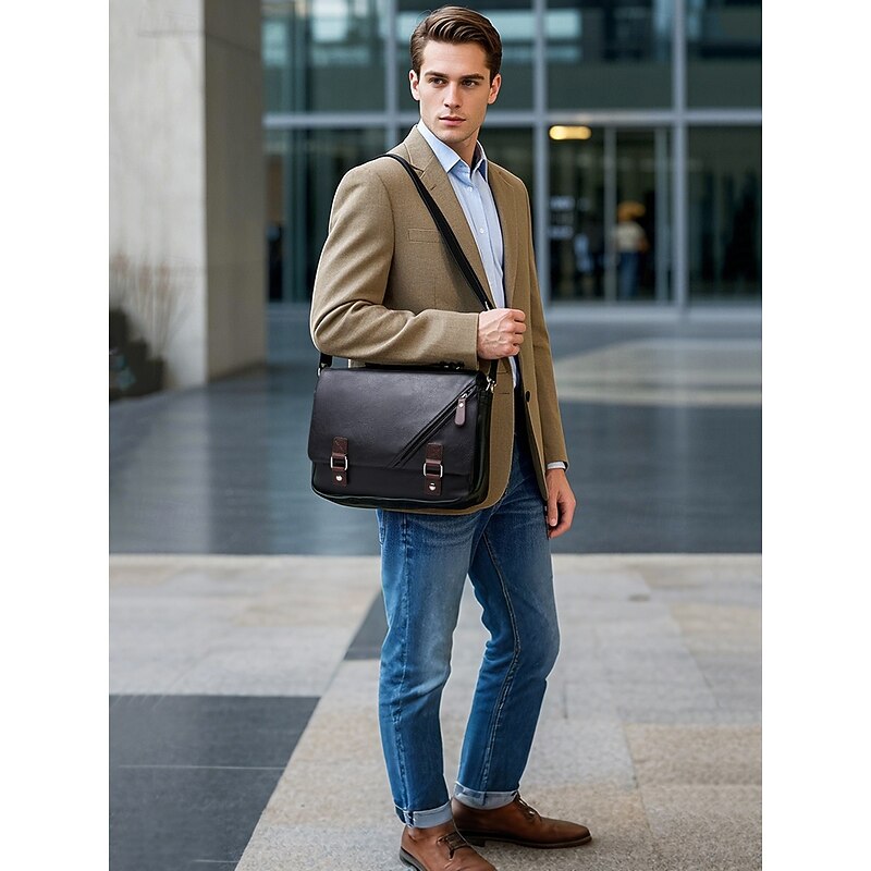 Men's Faux Leather Messenger Bag – Vintage Business Shoulder Bag with Adjustable Strap and Buckle Detail, Professional Briefcase for Office, Work and Travel2