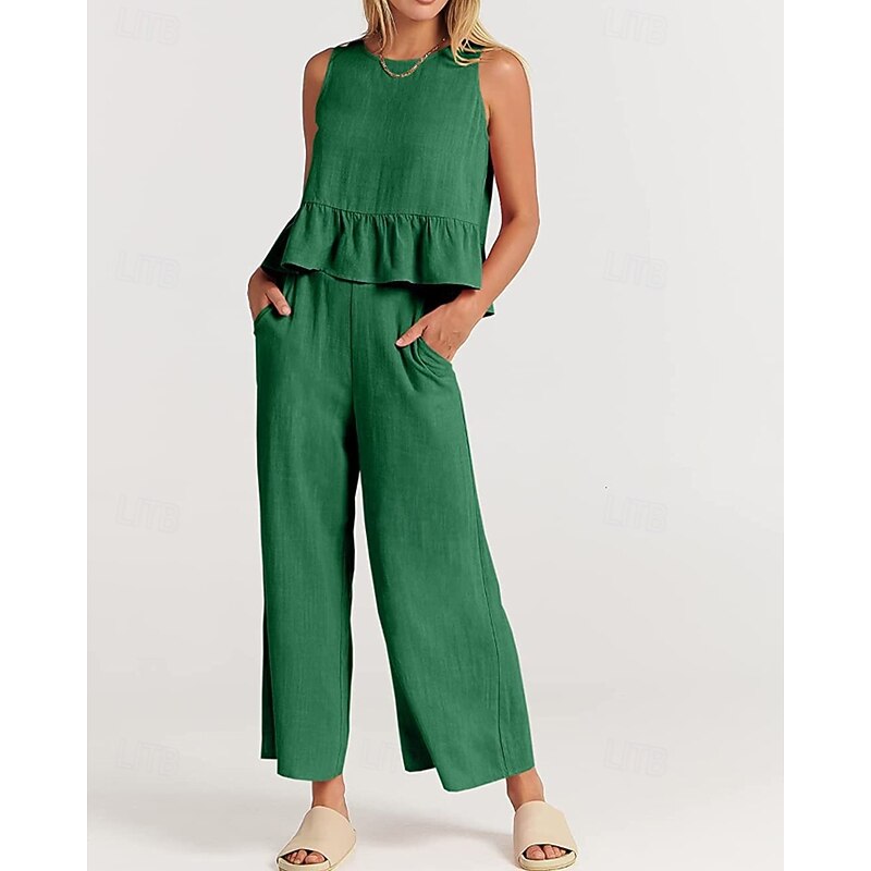 Women's Active Fashion Blouse Pants Sets Sleeveless Crew Neck Solid Color Holiday Casual Daily Black Red Dark Navy Summer Regular Fit4