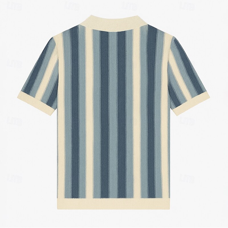Men's Business Casual V Neck Classic Short Sleeve Vintage Fashion Color Block Vertical Stripes Patchwork Summer Spring Fall Beige4
