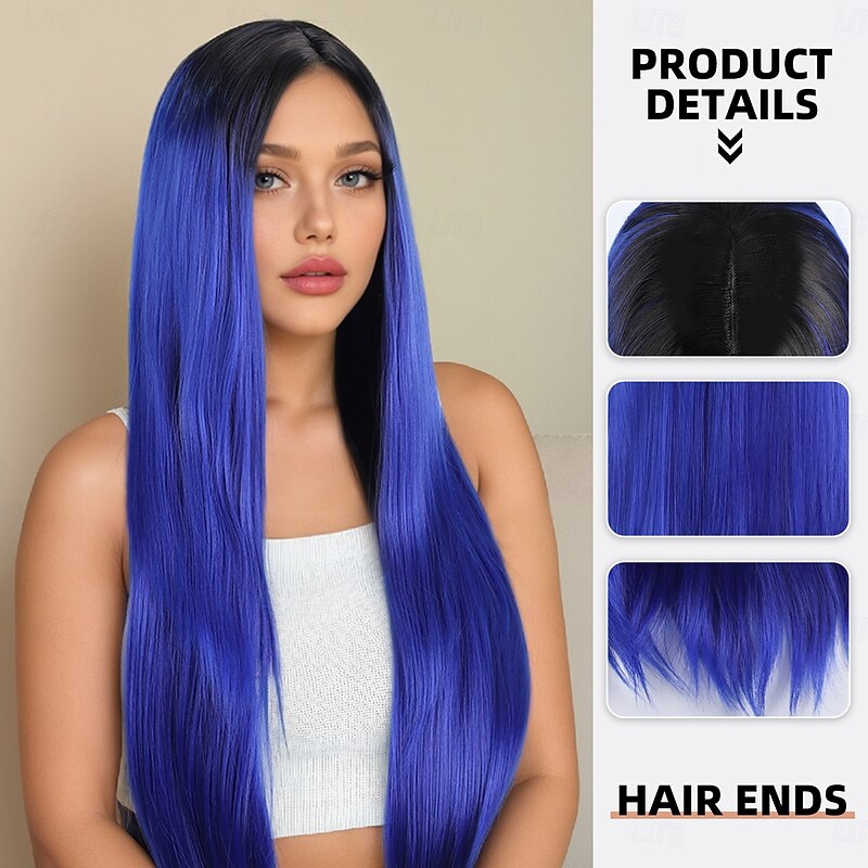 Synthetic Wig kinky Straight Natural Straight Layered Haircut Deep Parting Machine Made Wig 28 inch A1 Synthetic Hair Women's Classic Comfortable Highlighted / Balayage Hair Purple2