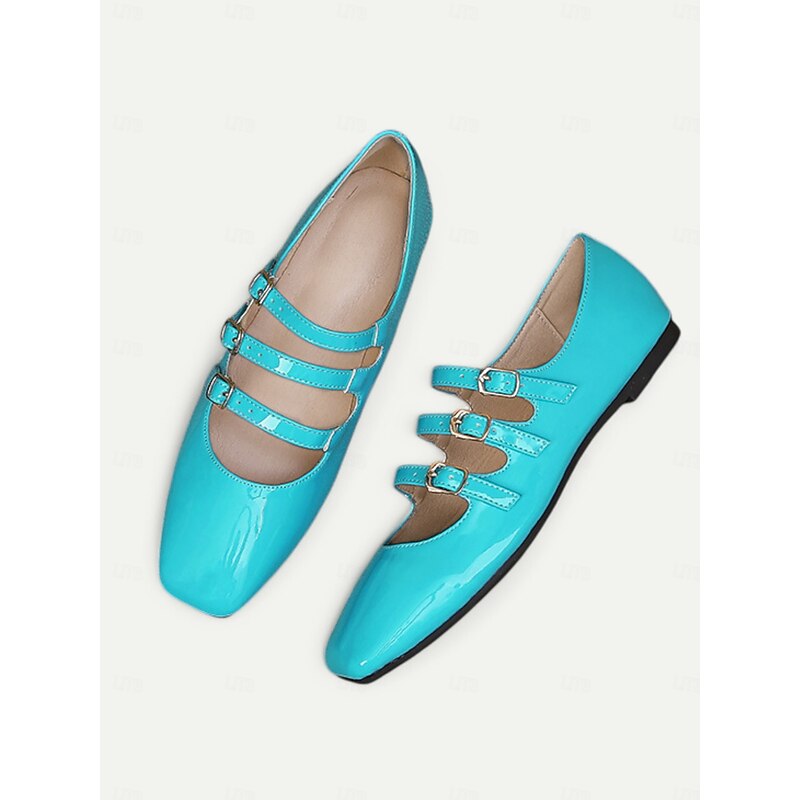 Women's 1930s Vintage Red Patent Leather Mary Jane Flats with Triple Buckle Straps – Retro Classic Dress Shoes for Parties and Daily Wear3