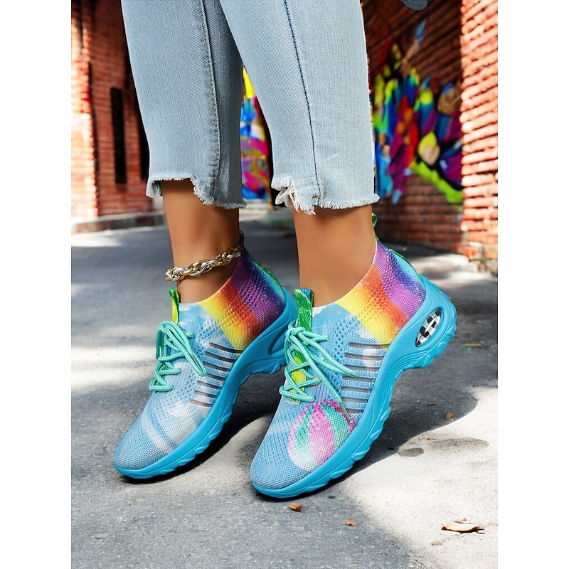 Women's Pride Month Rainbow Flyknit Sneakers – Colorful Lightweight Breathable Running Shoes for LGBTQ+ Events, Walking, Fitness & Casual Street Style