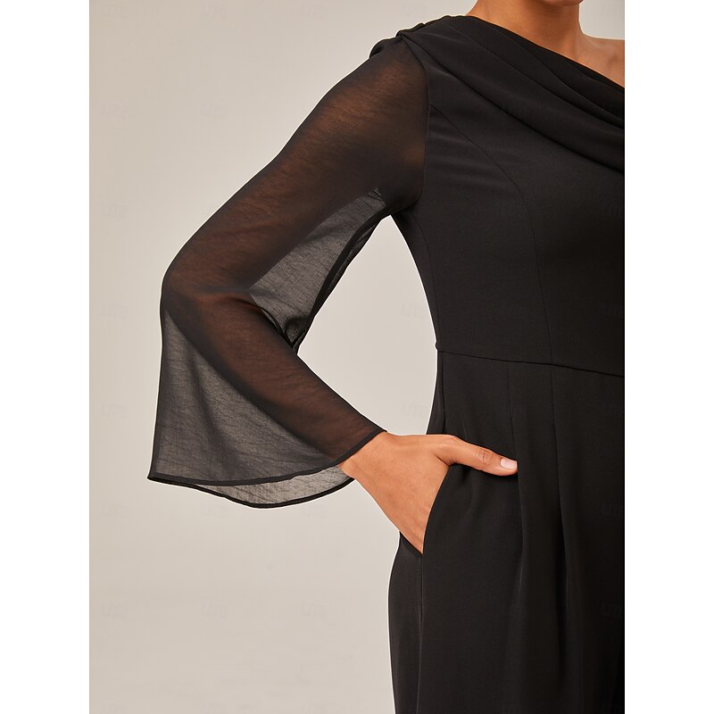 Draped Asymmetric Shoulder Elegant Black Jumpsuit4
