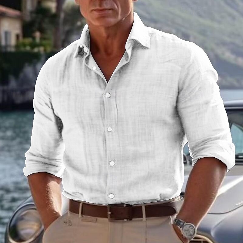 Men's Cotton Shirt Black White khaki Dark Gray Light Blue Long Sleeve Plain Lapel Vacation Clothing Apparel Fashion Casual Comfortable2