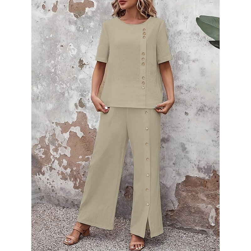 Women's Fashion Streetwear Daily T Shirt Wide Leg Pants Half Sleeve Crew Neck Plain Casual Daily Khaki Spring &  Fall Regular Fit3
