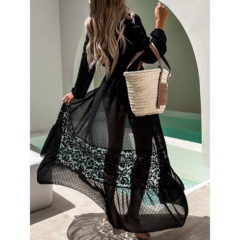 Women's Swimsuits Cover Up Swimsuit Lace Patchwork Vacation Beach Wear Solid Color V Neck Long Sleeve Bathing Suits3