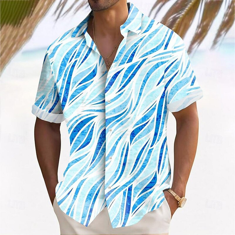 Men's Geometric Waves Gradient Color Shirt Summer Shirt Button Up Shirt Short Sleeve Fashion Casual Outdoor Vacation Dailywear Summer Spring Turndown 3D Print Collared Shirts Blue