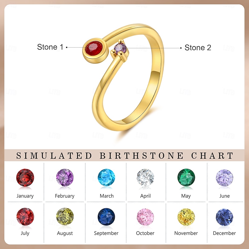 Personalized Birthstone Double Stone Ring Custom Gift for Her, Time Intertwined Eternal Love Open Design, Mother's Day Valentine's Day Christmas Birthday Anniversary Jewelry for Mom Wife Girlfriend