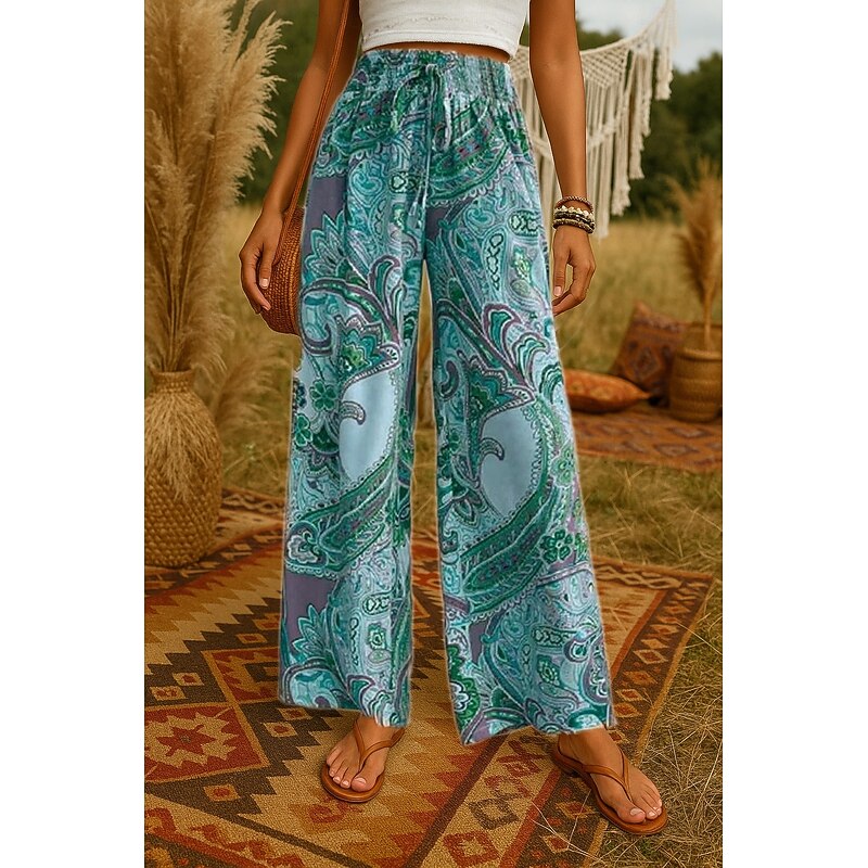 Women's Wide Leg Pants Trousers Bohemian Casual Long High Waist Plain Printing Elastic Drawstring Design High Cut Breathability Soft Micro-elastic Vacation Street Daily Wear Yellow Purple Gold Green3