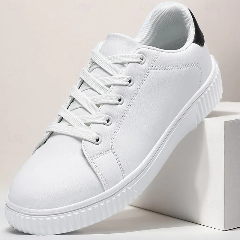 Men's Simple White Faux Leather Sneakers - Comfort - Oriented, Ideal for Everyday Use and Sports - casual Occasions