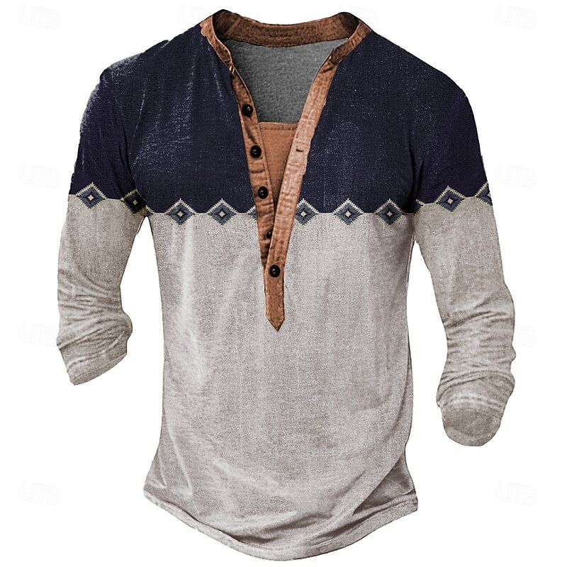 Men's Tribal T Shirt Henley Shirt Long Sleeve Designer Retro Vintage Casual Street Casual Daily Summer Spring Fall Khaki Light Grey Henley Henley T-Shirt2