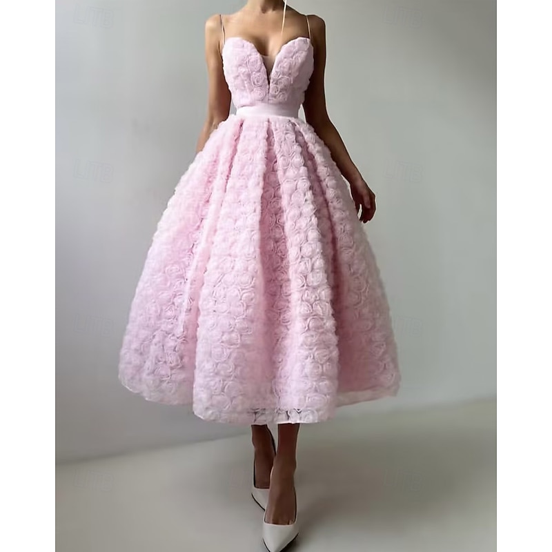 A-Line Cocktail Dresses Celebrity Style Dress Formal Wedding Guest Floor Length Sleeveless Plunge Neck Belt / SashDress Tulle with Rose Flower