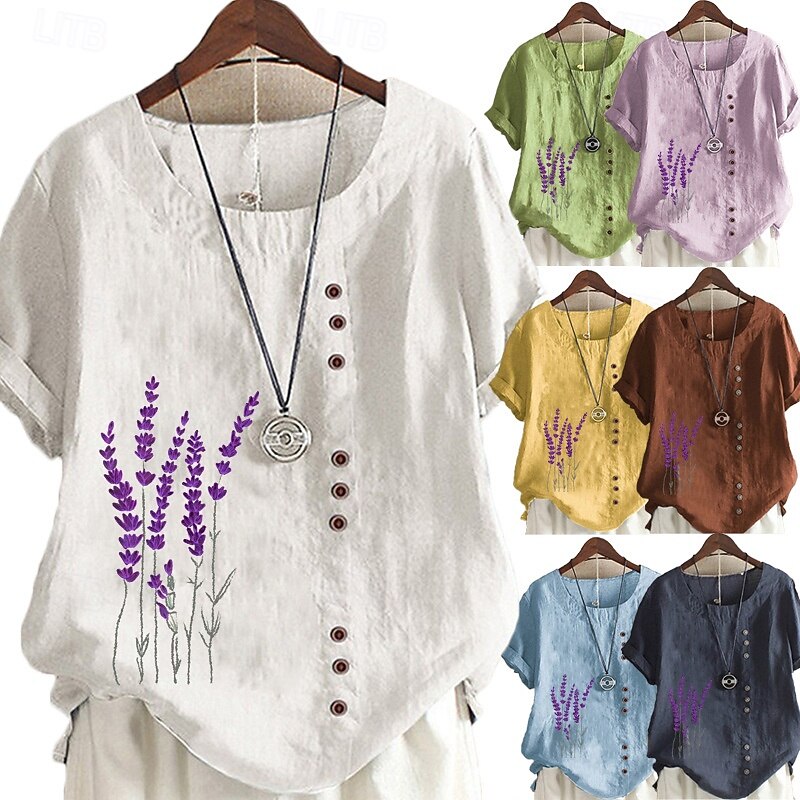 Women's Blouse Cotton Linen Shirts Flower Basic Casual Short Sleeve Crew Neck Regular Tops Daily Holiday Going out Print White Yellow Blue Purple Summer