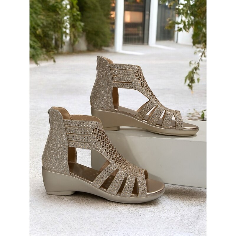 Women's Gold Glitter Cutout Wedge Sandals – Comfortable Sparkly Summer Shoes for Casual and Travel Wear4