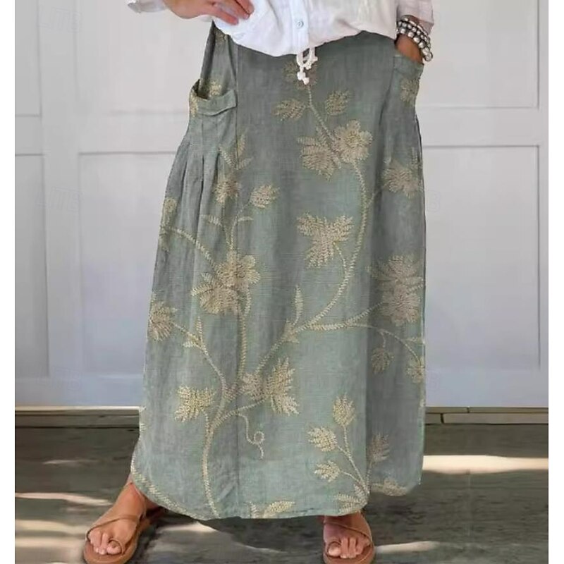 Women's Skirt Maxi Skirt Casual Maxi High Waist Skirts Floral Linen Micro-elastic Street Yellow Blue Green Pale Blue Summer Polyester Linen2