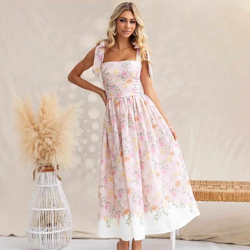 Retro Vintage 1950s Rockabilly Maxi Dress Flare Dress Cottagecore Floral Fancy Dress Women's Vacation Homecoming Party & Evening Adults' Dress Summer