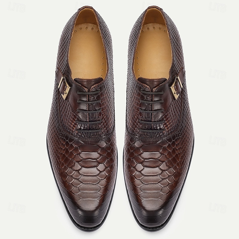 Men's Dark Brown Crocodile Pattern Leather Oxford Shoes with Buckle – Elegant Prom Dress Shoes for Formal Occasions4