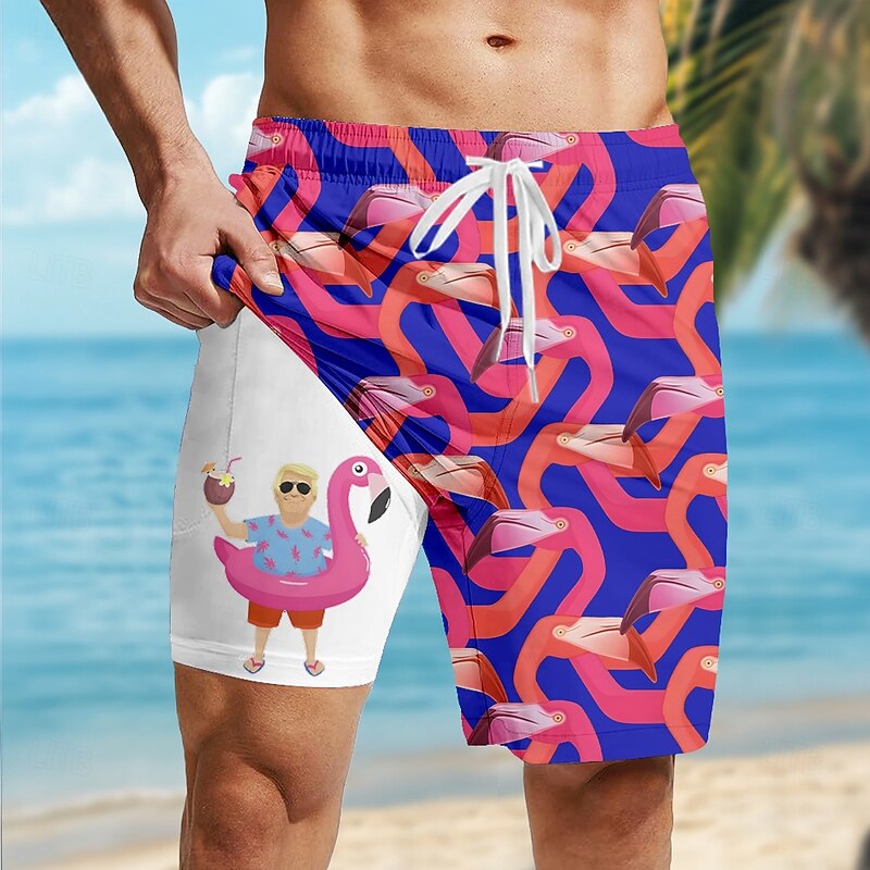 Men's Flamingo Funny Lined Shorts 2 in 1 Board Shorts Swim Shorts Mid Waist Hawaiian Vacation Holiday Beach Wear Side Pockets With Compression Liner Elastic Drawstring Waist Designer Clothing Apparel3