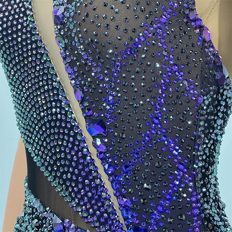 Figure Skating Dress Women's Girls' Ice Skating Dress Blue Black Patchwork Asymmetric Hem Mesh Spandex High Elasticity Training Competition Skating Wear Classic Crystal / Rhinestone Sleeveless Ice2