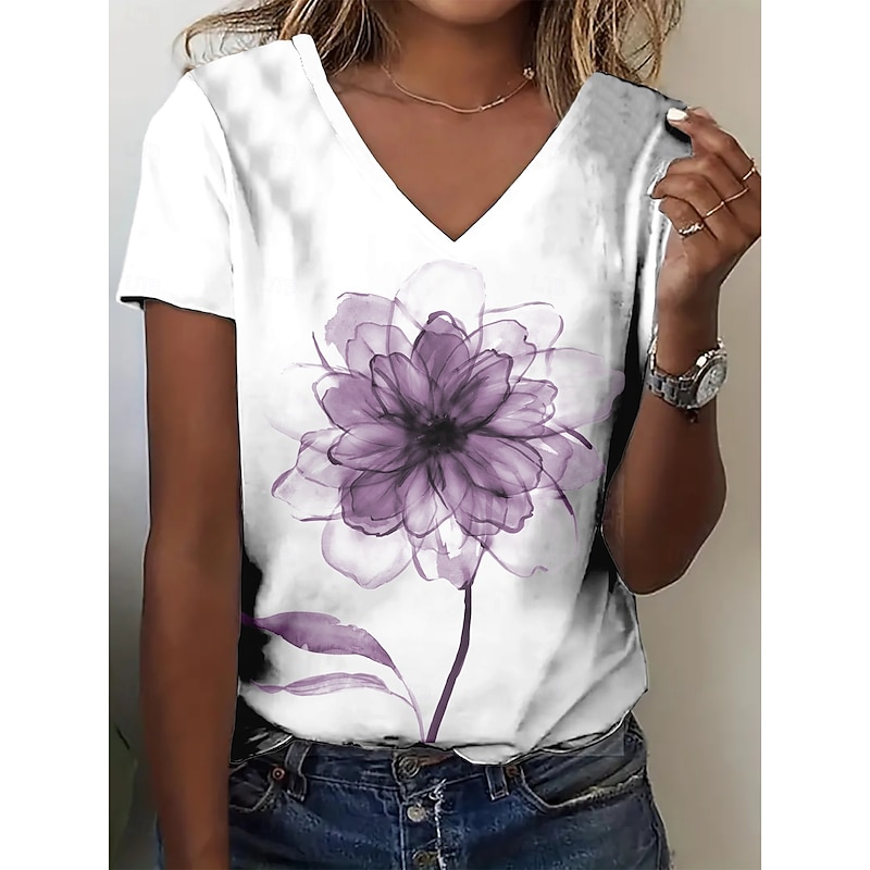 Women's T Shirt Summer Tops Floral Graphic Classic Casual Short Sleeve V Neck Crop Tops Daily Weekend Print Yellow Red Purple Green Light Blue Summer Spring Fall