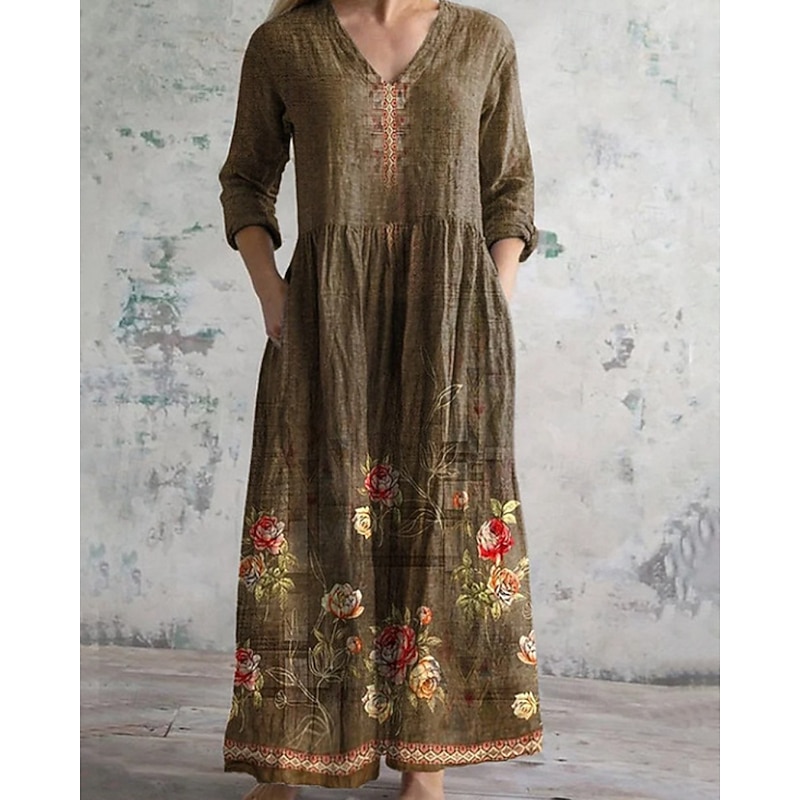 Women's Midi Dress Poly-Cotton Linen Texture Dresses Boho Dress Classic Modern Outdoor Vacation Holiday Regular Fit Flower Long Sleeve V Neck Purple Brown Apricot Beige Summer