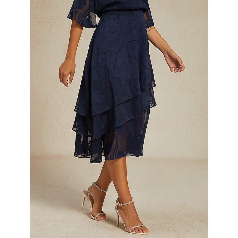 Women's Skirt Elegant Midi Mid Waist Skirts Floral Layered Inelastic Party Causal Navy Blue Summer Chiffon3