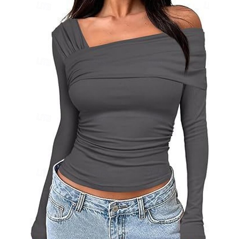 Women's Blouse Plain Modern Y2K Long Sleeve V Neck Regular Tops Daily Holiday Ruched Black White Pink Camel Brown Summer3