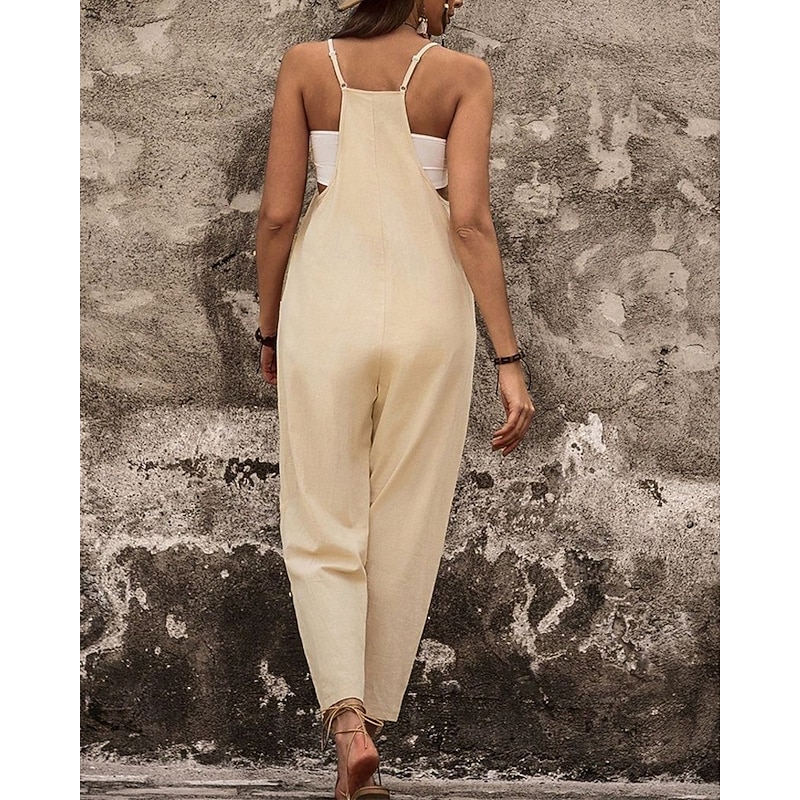 Women's Normal Jumpsuit Streetwear Solid Color Sleeveless Straight V Neck Pocket Street Daily Regular Fit Apricot Summer3