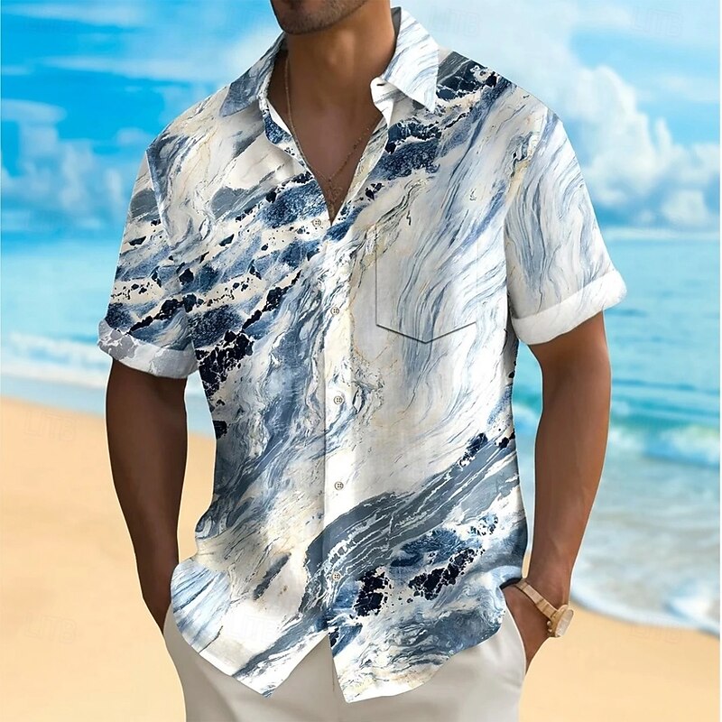 Men's Geometric Marble Abstract Liquid Art Shirt Summer Shirt Button Up Shirt Short Sleeve Fashion Casual Outdoor Vacation Dailywear Summer Spring Turndown 3D Print Collared Shirts Front One Pocket