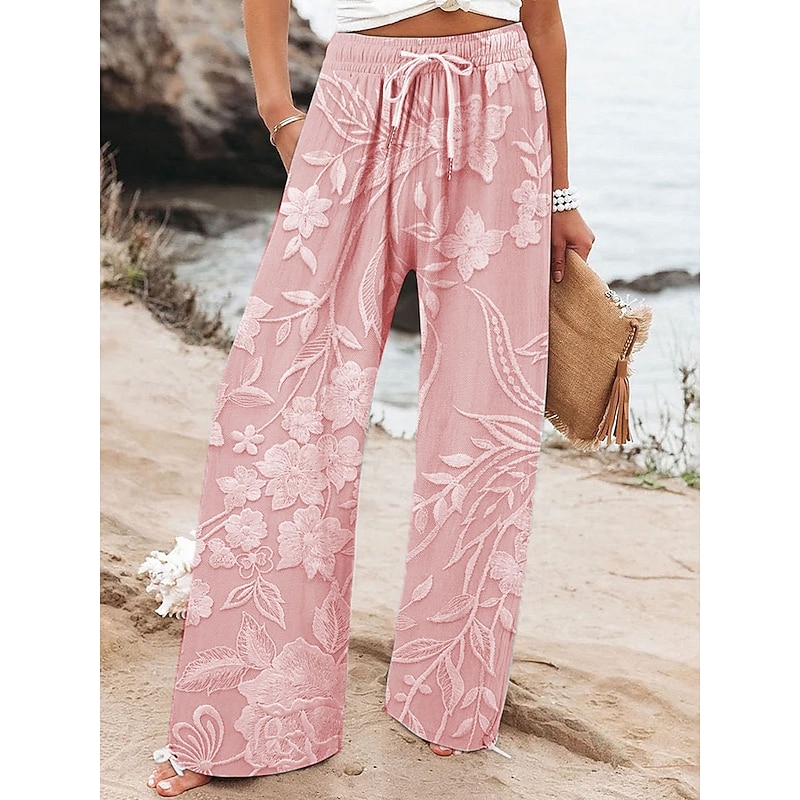 Women's Wide Leg Chinos Baggy Pants Vacation Fashion Hawaiian Full Length High Waist Floral Graphic Printing Soft Breathable Micro-elastic Casual Daily Casual Daily Pink Blue Purple Beige Summer