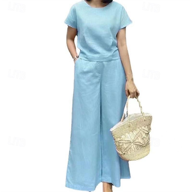 Women's Fashion Streetwear Cotton Linen Sets Two Piece Sets Pants Sets Short Sleeve Crew Neck Plain Daily Wear Date Yellow Blue Brown Summer Regular Fit