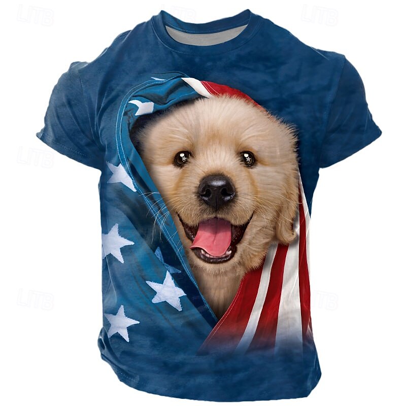 Patriotic golden retriever puppy VINCENT HIE Men's 3D T Shirt Short Sleeve T shirt 3D Print Crew Neck Shirt Fashion Exaggerated Daily Party Street Casual Blue Summer Spring All Seasons Clothing