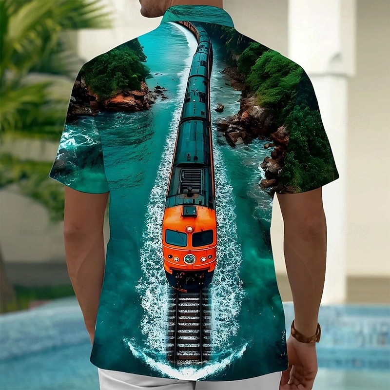 Men's Optical Illusion Ocean Train Shirt Summer Hawaiian Shirt Button Up Shirt Short Sleeve Hawaiian Vacation Holiday Beach Wear Summer Spring Turndown 3D Print Collared Shirts Front One Pocket Blue2