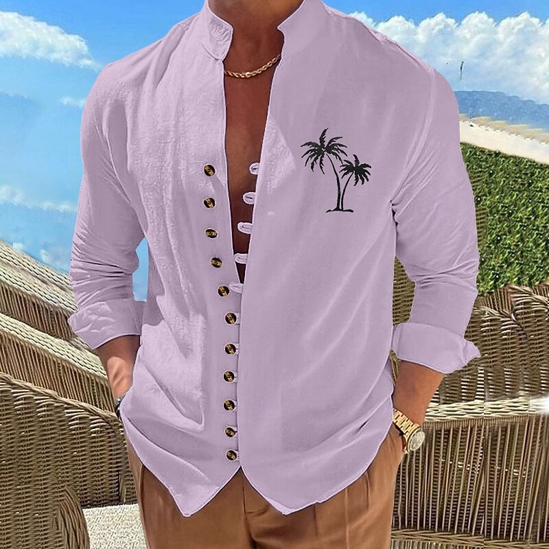 Men's Shirt Linen Shirt Summer Shirt Beach Wear Button Up Shirt Coconut Tree Vacation Holiday Black White Purple Khaki Long Sleeve Stand Collar Summer Spring Clothing Apparel Buttons