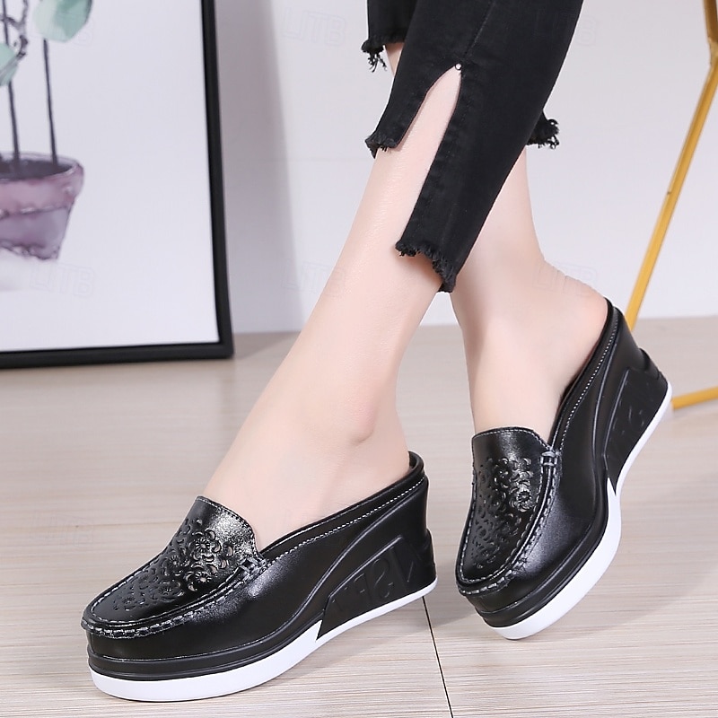 Women's Black Wedge Slip-On Shoes – Stylish Embossed Leather Loafers with Comfortable Platform for Casual and Everyday Wear2