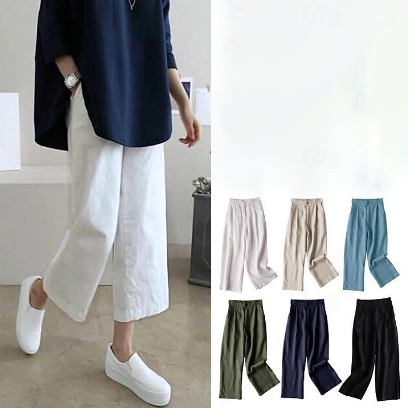 Women's Cotton Linen Pants Slacks Casual Ankle-Length Natural Plain Pocket Elastic Waist Comfy Outdoor Comfortable Outdoor Holiday Daily Wear Light Sky Blue Black White Pink Summer Regular Fit