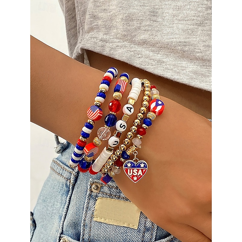 Women's Patriotic Beaded Bracelet Set – Red White and Blue USA Charm Elastic Stretch Bangles – 4th of July Independence Day Jewelry for Holiday Outfits & Party Wear2