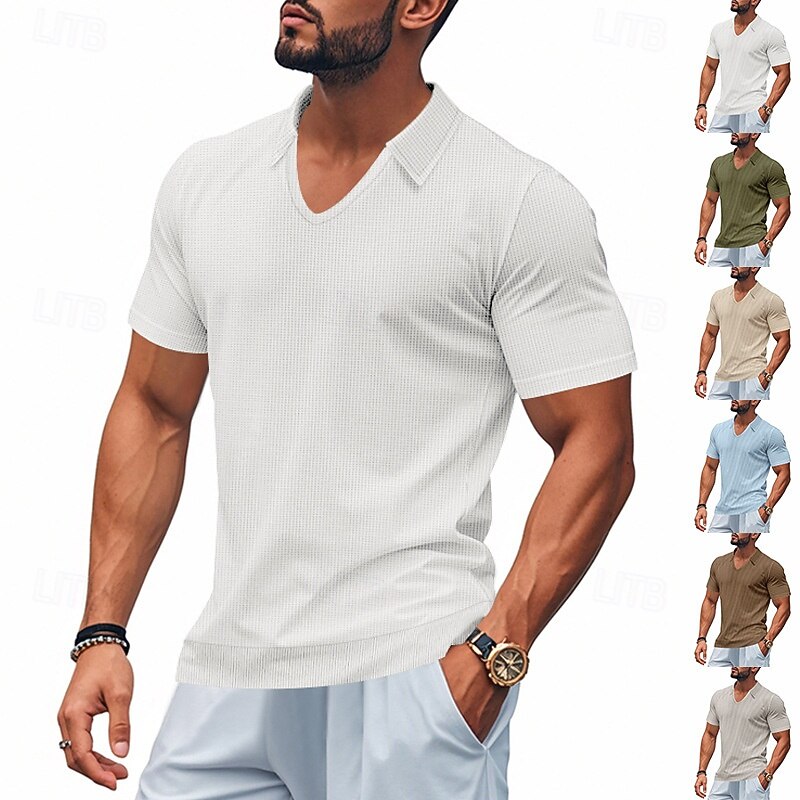 Men's Golf Shirt Pique Polo Shirt Business Casual Lapel Short Sleeve Fashion Basic Solid Color Textured Buttons Summer Spring &  Fall Regular Fit Dark Brown White Light Grey Green Khaki Light Blue2
