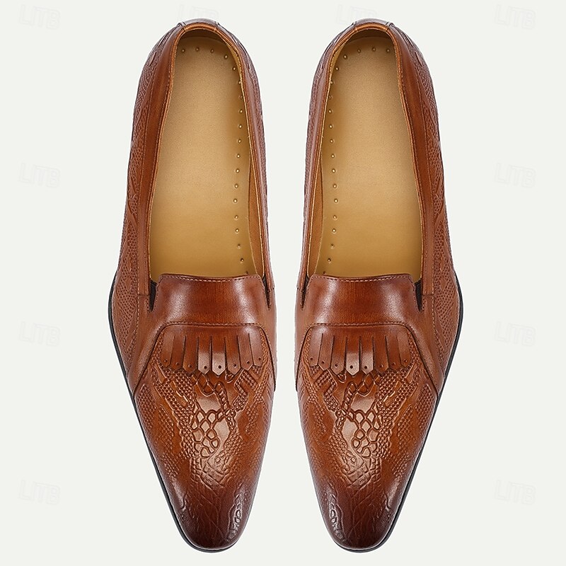 Men's Brown Embossed Leather Loafers with Fringe – Premium Cowhide Prom Shoes for Banquets and Parties4