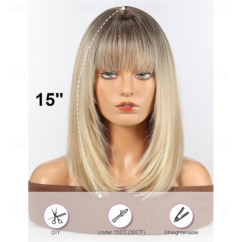 Staright Wig with Fringe Synthetic Mid-length Layered Wigs for Women Blonde Color2
